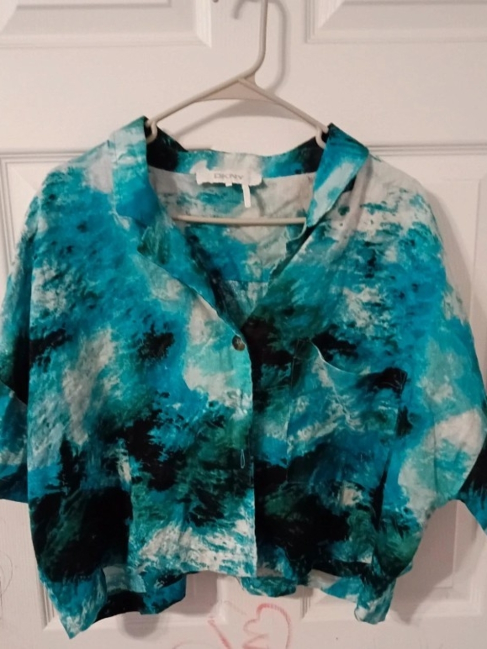 DKNY Teal and Black Tie-Dye Button-Down Crop Shirt